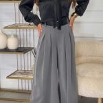 Παντελόνα wide leg γκρί με ζωνάκι