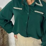 Πουκάμισο χακί με διακοσμητικές πέρλες