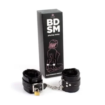 Δερμάτινες χειροπέδες με αλυσίδα και λουκέτα 23cm σε μαύρο χρώμα.