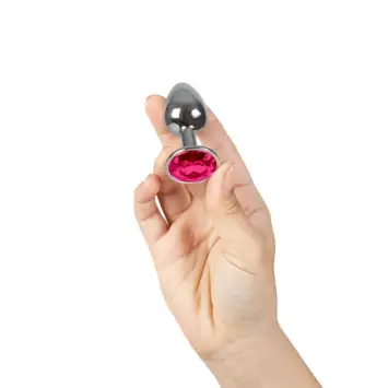 KooKoo 24 Μεταλλικό butt plug αλουμινίου με κόσμημα fuchsia, tapered άκρη, flared βάση, nickel free, ύψος 7 cm και διάμετρο 2,5 cm
