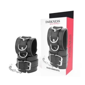 Μαύρες χειροπέδες από PVC leather, ρυθμιζόμενες, κατάλληλες για καρπούς και αστραγάλους.
