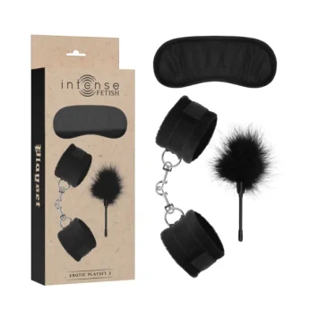 EROTIC PLAYSET 2 με χειροπέδες, μάσκα και γαργαλίστρα από μαύρο vegan δέρμα – INTENSE FETISH