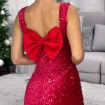 Φόρεμα μίνι κόκκινο με παγιέτα και φιόγκο
