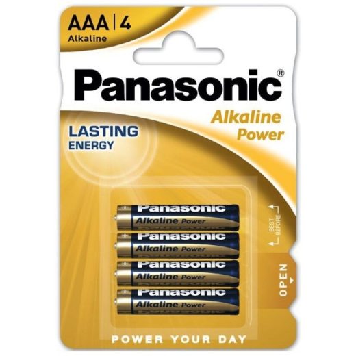 Panasonic Alkaline Power Μπαταρίες AAA σε συσκευασία 4 τεμαχίων, ιδανικές για τηλεχειριστήρια, MP3 players, φακούς και ρολόγια.