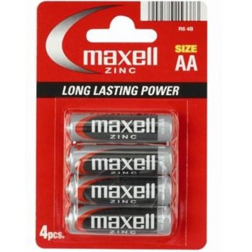 Maxell Zinc AA μπαταρίες σε συσκευασία 4 τεμαχίων, ιδανικές για ρολόγια, τηλεχειριστήρια, φακούς και παιχνίδια.