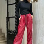 Παντελόνα κόκκινο δερματίνη με διπλή ρίγα