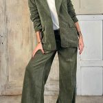 Σετ κοτλέ χακί σακάκι με παντελόνι