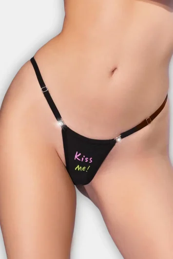 Σέξι μαύρο string με εκτύπωση "Kiss me" - μπροστινή όψη