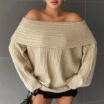 Offshoulder μπέζ μακρυμάνικο πλεκτό τόπ