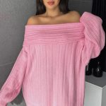 Offshoulder ρόζ μακρυμάνικο πλεκτό τόπ