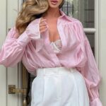 Πουκάμισο ροζ διάφανο με βολάν μανίκια