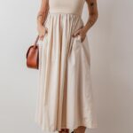 Αμάνικο μπεζ φόρεμα με rib top και αέρινη φούστα