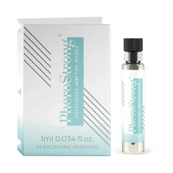Γυναικείο άρωμα φερομόνης PheroStrong JUST FOR WOMEN 1ml σε μπουκάλι, με κομψό φόντο, για ενίσχυση της γοητείας.