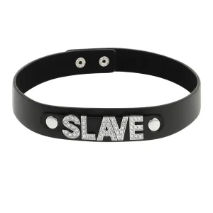 Μαύρο τσόκερ bondage με επιγραφή SLAVE από vegan δερματίνη – ρυθμιζόμενο, one size