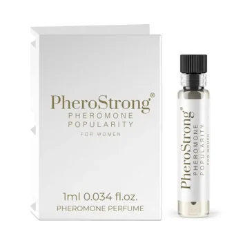 Γυναικείο άρωμα φερομόνης PheroStrong POPULARITY 1ml σε μπουκάλι, με αισθησιακό φόντο, για ενίσχυση της γοητείας.