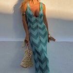 Μακρύ γαλάζιο πλεκτό φόρεμα με chevron σχέδιο