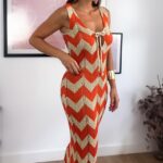 Μακρύ πορτοκαλί πλεκτό φόρεμα με chevron σχέδιο