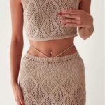 Πλεκτό μπεζ boho σετ crop top και maxi φούστα