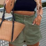 Ψηλόμεσο denim κοντό shorts χακί