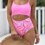 Ψηλόμεσο ροζ μπικίνι με μπουστάκι και τροπικό print