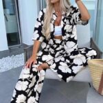 Σετάκι παντελόνι και πουκάμισο με μαύρα λουλούδια