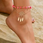 Αλυσίδα ποδιού με ροζ πέτρες και ονειροπαγίδα