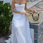 Φόρεμα μάξι ασπρο με κορσέ μπούστο και τιράντες που δένουν