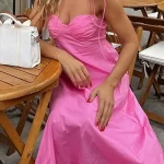 Φόρεμα μάξι ροζ με κορσέ μπούστο και τιράντες που δένουν