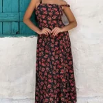 Φόρεμα μαύρο μάξι με κόκκινα λουλούδια