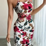 Φόρεμα πολύχρωμο μίντι με floral print και πλάτη με λωρίδες