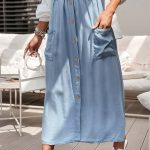 Φούστα midi denim με κουμπιά και λάστιχο