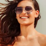 Γυαλιά ηλίου χρυσαφί γεωμετρικά με μπλε ντεγκραντέ φακό