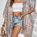 Κιμονό παραλίας σε apricot με φλοράλ print