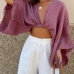 Μπλούζα λιλά λινού τύπου με κόμπο στο στήθος