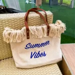 Τσάντα ψάθινη λευκή με Summer Vibes print