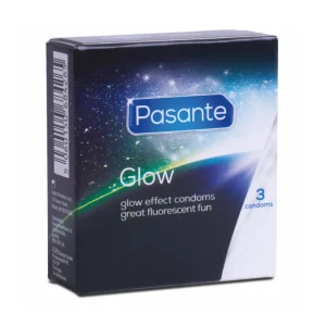 Φωσφοριζέ προφυλακτικά Pasante GLOW 53mm, vegan, σε συσκευασία 3 τεμαχίων.