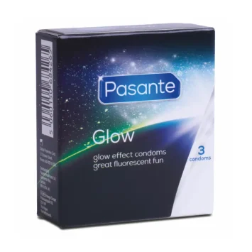 Φωσφοριζέ προφυλακτικά Pasante GLOW 53mm, vegan, σε συσκευασία 3 τεμαχίων.