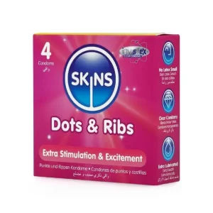 Skins DOTS & RIBS προφυλακτικά με ραβδώσεις και κουκκίδες σε συσκευασία 4 τεμαχίων.