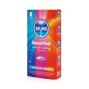 Premium προφυλακτικά Skins Assorted Pack 8τεμ με natural, dotted, ribbed και ultra-thin επιλογές.