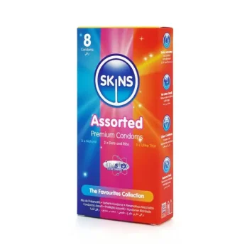 Premium προφυλακτικά Skins Assorted Pack 8τεμ με natural, dotted, ribbed και ultra-thin επιλογές.