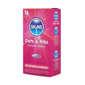 Premium προφυλακτικά Skins Dots & Ribs με κουκκίδες και ραβδώσεις για έξτρα διέγερση.