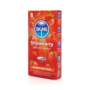 Προφυλακτικά Skins Strawberry 8-Pack με γεύση φράουλα, ultra thin και επιπλέον λίπανση για φυσική αίσθηση.