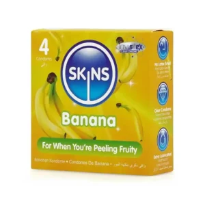 Skins Banana προφυλακτικά με γεύση μπανάνα σε συσκευασία 4 τεμαχίων.