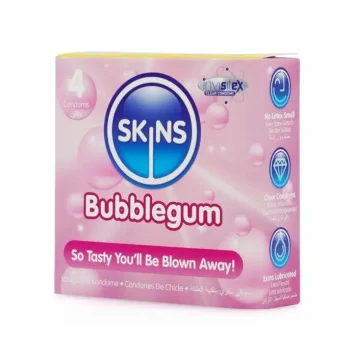 Skins Bubblegum προφυλακτικά με γεύση τσιχλόφουσκας σε συσκευασία 4 τεμαχίων.