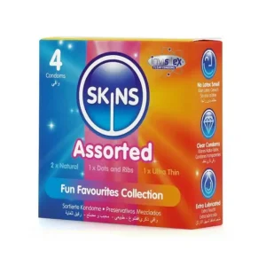Skins Assorted προφυλακτικά σε ποικιλία Natural, Dots & Ribs και Ultra Thin – συσκευασία 4 τεμαχίων.