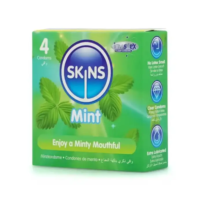 Skins προφυλακτικά με γεύση μέντα σε συσκευασία 4 τεμαχίων.