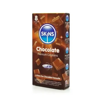 Προφυλακτικά Skins Chocolate 8-Pack με γεύση σοκολάτας, ultra thin και επιπλέον λίπανση για φυσική αίσθηση.