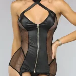 Sexy mesh babydoll lingerie PU leather