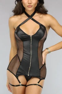 Sexy mesh babydoll lingerie PU leather-2