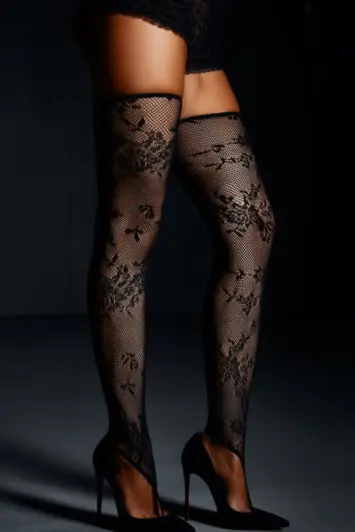KooKoo 25 Μαύρες floral διχτυωτές over-the-knee κάλτσες-2